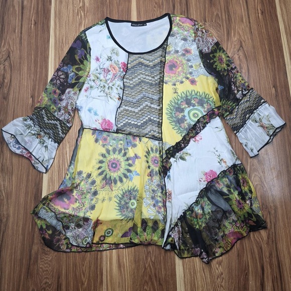 Dor Dor Couture Blouse Womens XL Floral Asymmetric Mesh Sheer Boho Tunic Top - Picture 1 of 10